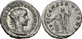 Gordian III (238-244 ). AR Antoninianus, 238-239 AD. D/ Radiate, draped and cuirassed bust right. R/ Jupiter standing facing, head left, holding thund...