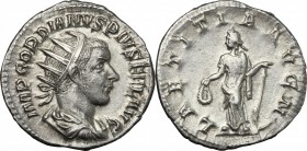 Gordian III (238-244). AR Antoninianus, 241-243. D/ Bust right, radiate, draped, cuirassed. R/ Laetitia standing left, holding wreath and anchor. RIC ...