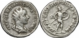 Gordian III (238-244). AR Antoninianus, 243-244. D/ Bust right, radiate, draped, cuirassed. R/ Mars advancing right, holding spear and shield. RIC 147...