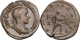 Gordian III (238-244). AE Sestertius, 239 AD. D/ Bust right, laureate, draped, cuirassed. R/ Emperor advancing right, holding spear and shield. RIC 26...