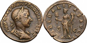 Gordian III (238-244). AE Sestertius, 240 AD. D/ Bust right, laureate, draped, cuirassed. R/ Liberalitas standing left, holding abacus and cornucopiae...