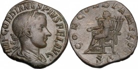 Gordian III (238-244). AE Sestertius, 240 AD. D/ Bust right, laureate, draped, cuirassed. R/ Concordia seated left, holding patera and double cornucop...