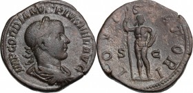 Gordian III (238-244 ). AE Sestertius, 4th issue. D/ Laureate, draped and cuirassed bust right. R/ Jupiter standing front, head right, holding long sc...