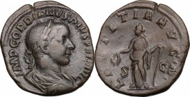 Gordian III (238-244). AE Sestertius, 241-244. D/ Bust right, laureate, draped, cuirassed. R/ Laetitia standing left, holding wreath and anchor set on...