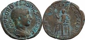 Gordian III (238-244 ). AE Sestertius, 240 AD. D/ Laureate, draped and cuirassed bust right. R/ Apollo seated left on throne, holding branch and resti...