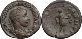 Gordian III (238-244 ). AE Sestertius, 4th issue. D/ Laureate, draped and cuirassed bust right. R/ Gordian, in military dress, standing right, holding...