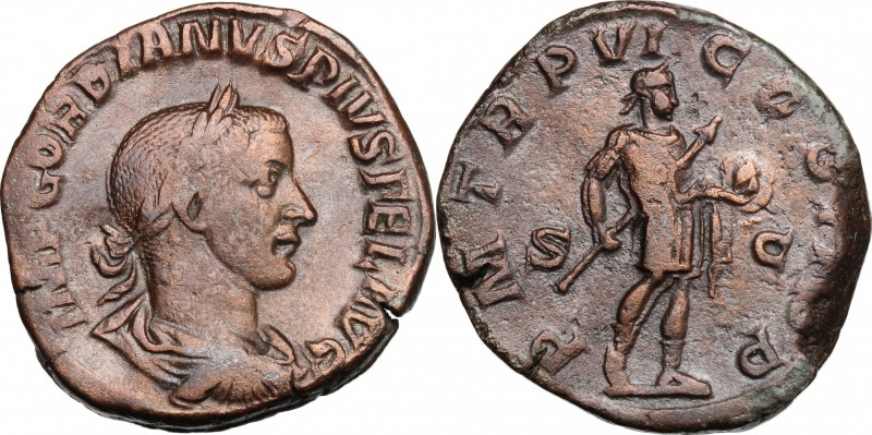 Gordian III (238-244). AE Sestertius, 241-244. D/ Bust right, laureate, draped, ...