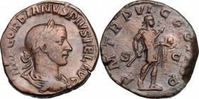 Gordian III (238-244). AE Sestertius, 241-244. D/ Bust right, laureate, draped, cuirassed. R/ Emperor standing right in military attire, holding spear...