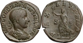 Gordian III (238-244 ). AE Sestertius, 4th issue. D/ Laureate, draped and cuirassed bust right. R/ Pax advancing left, holding olive branch and sceptr...