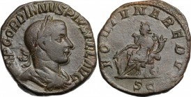 Gordian III (238-244 ). AE Sestertius, 5th issue. D/ Laureate, draped and cuirassed bust right. R/ Fortuna seated left, holding rudder and cornucopiae...