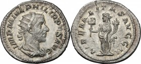 Philip I (244-249). AR Antoninianus. 244-247. D/ Bust right, radiate, draped, cuirassed. R/ Liberalitas standing left, holding abacus and cornucopiae....