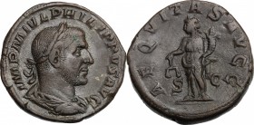 Philip I (244-249). AE Sestertius, 246 AD. D/ Laureate, draped and cuirassed bust right. R/ Aequitas standing left, holding scales and cornucopiae. RI...