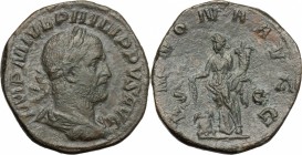 Philip I (244-249). AE Sestertius, 244-249 AD. D/ Laureate, draped and cuirassed bust right. R/ Annona standing facing, head left, holding corn-ears o...