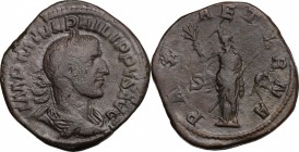 Philip I (244-249). AE Sestertius. D/ Bust right, laureate, draped, cuirassed. R/ Pax standing left, holding branch and scepter. RIC 184. AE. g. 27.48...