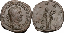 Philip I (244-249). AE Sestertius. D/ Bust right, laureate, draped, cuirassed. R/ Salus standing right, feeding from patera snake held in arms. RIC 18...