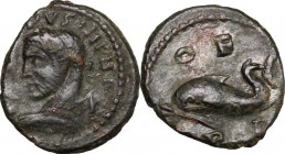 Philip I (244-249). AE 17 mm, Thrace, Deultum mint. D/ Bust left, laureate, holding spear and shield. R/ Dolphin left. Varbanov 3044. AE. g. 2.85 mm. ...