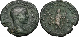 Philip II (247-249). AE As, 244-246 AD. D/ Draped bust right, head bare. R/ Philip II standing left, holding standard and spear reversed. RIC (Phil. I...