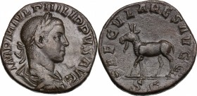 Philip II (244-249). AE Sestertius, 248 AD. D/ Bust right, laureate, draped, cuirassed. R/ Goat standing left. RIC (Phil.I) 264. AE. g. 20.82 mm. 28.0...