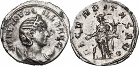 Herennia Etruscilla, wife of Trajan Decius (249-251). AR Antoninianus. D/ Bust right, diademed, draped, on crescent. R/ Fecunditas standing left, hold...