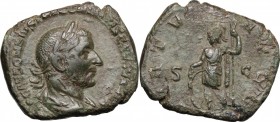 Trebonianus Gallus (251-253). AE Sestertius. D/ Bust right, laureate, draped, cuirassed. R/ Virtus standing left, resting on shield set on ground and ...