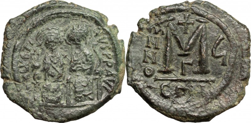 Justin II, with Sophia (565-578). AE Follis. Constantinople mint, 3rd officina. ...