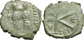 Justin II, with Sophia (565-578). AE Half Follis. Thessalonica mint. Dated RY 5 (569/70). D/ Nimbate figures of Justin and Sophia seated facing on dou...