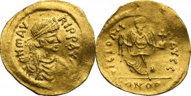 Maurice Tiberius (582-602). AV Semissis, Constantinople mint. D/ Diademed, draped, and cuirassed bust right. R/ Victory advancing right, head left, ho...
