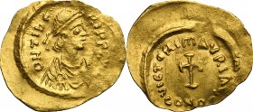 Maurice Tiberius (582-602). AV Tremissis, Constantinople mint. D/ Diademed, draped, and cuirassed bust right. R/ Cross potent; in exergue, CONOB. D.O....