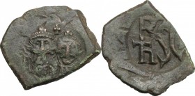 Heraclius (610-641). AE Follis, Sicily mint, 632-641. Countermaked on uncertain issue. D/ Busts of Heraclius and Heraclius Constantine facing, both cr...