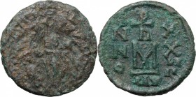 Heraclius, with Heraclius Constantine and Heraclonas (610-641). AE Follis. Ravenna mint. Dated RY 24 (633/4). D/ Figures of Heraclonas, Heraclius, and...