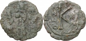Heraclius, with Heraclius Constantine and Heraclonas (610-641). AE Half Follis. Ravenna mint. Dated RY 28 (AD 637/8)?. D/ Heraclonas, wearing plain ca...