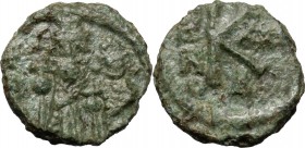 Heraclius, with Heraclius Constantine and Heraclonas (610-641). AE Half Follis. Ravenna mint. Dated RY 30 (AD 639/640)?. D/ Heraclonas, wearing plain ...