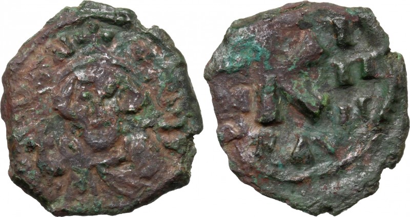 Constans II (641-668). AE Half Follis. Ravenna mint. Dated RY 5 (645/6). D/ Crow...