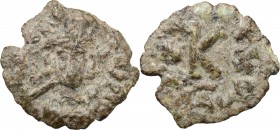 Constantine IV (668-685). AE Half Follis, Ravenna mint. D/ Helmeted and cuirassed bust facing slightly right, holding spear and shield. R/ Large K; cr...