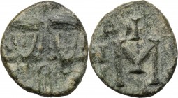 Constantine V Copronymus with Leo IV (741-775). AE Follis, Ravenna mint. D/ Crowned and draped facing busts of Constantine and Leo. R/ Large M; cross ...