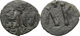 Leo V with Constantine (813-820). AE Follis. Syracuse mint. Struck 817-820. D/ Crowned half-length facing busts of Leo V, bearded, and Constantine, be...