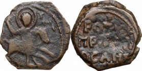 Roger of Salerno (1112-1119), regent. AE Follis, Third type. Antioch mint. D/ St. George, nimbate, on horseback right, spearing [the Dragon below]. R/...
