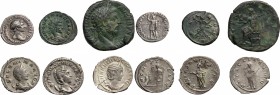 The Roman Empire. Multiple lot of 6 unclassified coins, including AR Denarius of Trajan, AE Sestertius of Marcus Aurelius, 3 AR Antoninianii of Otacil...