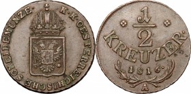 Austria. Franz II (1792-1805). AE 1/2 Kreuzer, Vienna mint, 1816 A. KM 2110. Frühwald 539. AE. g. 4.55 mm. 22.00 EF.