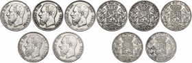 Belgium. Leopold II (1835-1909). Lot of five (5) AR 5 Francs: 1868, 1869, 1870, 1872,1873. AR. VF.