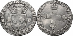 France. Louis XIII (1610-1643). AR 1/4 Écu, year non visible, Bayonne mint. KM 47.11. AR. g. 9.46 mm. 28.00 Toned. Good F.