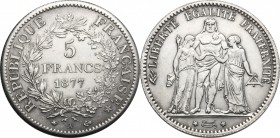 France. Third republic (1871-1940). AR 5 francs 1877 A, Paris mint. Gad. 745a. AR. mm. 37.00 About EF.