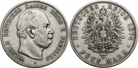 Germany, Preussen. Wilhelm I (1861-1888). AR 5 Mark 1874 A, Berlin mint. Jaeger 97. AR. mm. 37.00 VF.