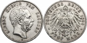 Germany, Sachsen. Albert (1873-1902). AR 5 Mark 1899 E, Muldenhutten mint. Jaeger 125. AR. mm. 32.00 VF.