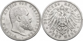 Germany, Württemberg. Wilhelm II (1888-1918). AR 5 Mark 1901 F, Stuttgart mint. Jaeger 176. AR. mm. 38.00 VF.