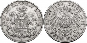 Germany, Free and Hanseatic City of Hamburg. Empire. AR 5 Mark 1901 J, Hamburg mint. Jaeger 65. AR. mm. 38.00 VF.