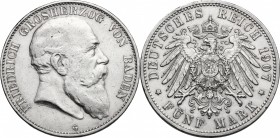 Germany, Baden. Friedrich I (1852-1907). AR 5 mark 1907 G, Karlsruhe mint. Jaeger 33. AR. mm. 38.00 VF.