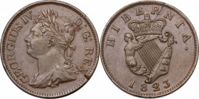 Great Britain. George IV (1820-1830). AE Penny, Ireland, 1823. KM 151. S 6623. AE. g. 8.32 mm. 27.00 Scarce. Minor flan crack, otherwise about EF.