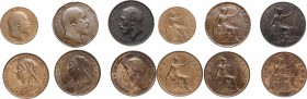 Great Britain. Lot of six (6) AE coins: Victoria penny 1901 (2), Edward VII Penny 1907 and Half Penny 1908, George V Penny 1912 and 1936. AE.