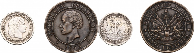 Haiti. Lot of two (2) coins: 20 centimes 1863 and 10 cent 1882. KM 40, 44. AR, A...